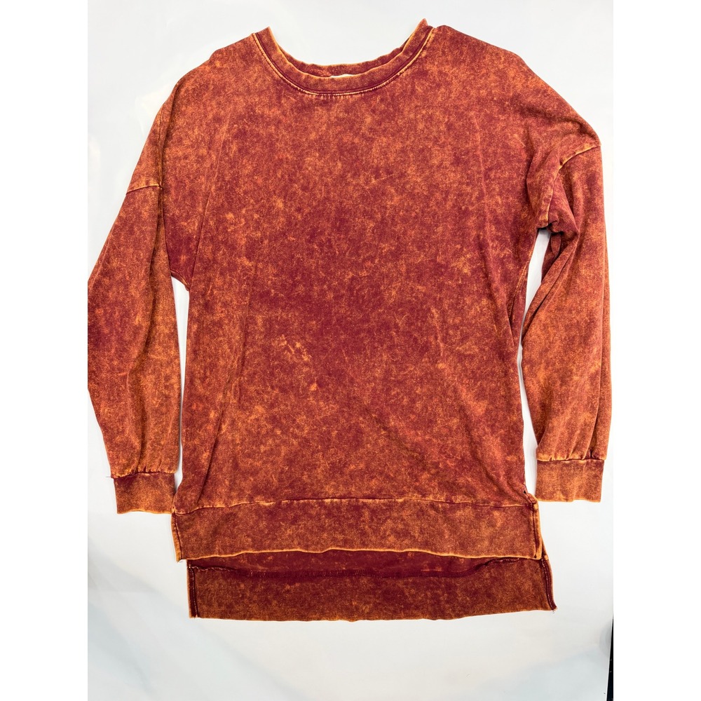 Zenana Women Acid Wash Oversized Sweatshirt Rust Orange Crewneck High Low Small
